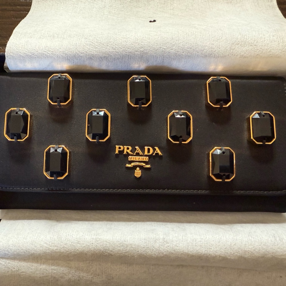 PRADA BRAND NEW WITH TAGS Black Cloth Clutch Bagsrare Stones On Wallet
